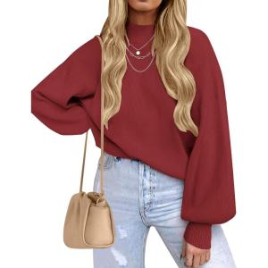 imageZESICA Womens Casual Turtleneck Long Lantern Sleeve Fall 2025 Oversized Ribbed Knit Pullover Sweater Jumper TopWine