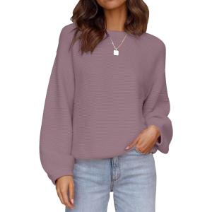 imageZESICA Womens Crew Neck Long Lantern Sleeve Fall 2025 Casual Loose Ribbed Knit Solid Soft Pullover Sweater TopsDarkviolet