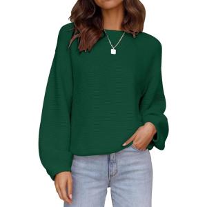 imageZESICA Womens Crew Neck Long Lantern Sleeve Fall 2025 Casual Loose Ribbed Knit Solid Soft Pullover Sweater TopsForestgreen
