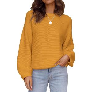 imageZESICA Womens Crew Neck Long Lantern Sleeve Fall 2025 Casual Loose Ribbed Knit Solid Soft Pullover Sweater TopsGinger