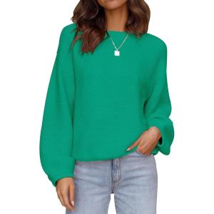 imageZESICA Womens Crew Neck Long Lantern Sleeve Fall 2025 Casual Loose Ribbed Knit Solid Soft Pullover Sweater TopsGreen