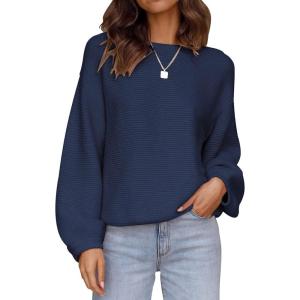imageZESICA Womens Crew Neck Long Lantern Sleeve Fall 2025 Casual Loose Ribbed Knit Solid Soft Pullover Sweater TopsNavy