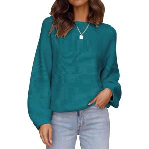 imageZESICA Womens Crew Neck Long Lantern Sleeve Fall 2025 Casual Loose Ribbed Knit Solid Soft Pullover Sweater TopsTeal