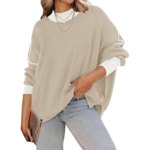 imageZESICA Womens Fall 2025 Casual Long Sleeve Crew Neck Side Slit Oversized Ribbed Knit Pullover Sweater TopsGreyapricot