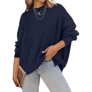 imageZESICA Womens Fall 2025 Casual Long Sleeve Crew Neck Side Slit Oversized Ribbed Knit Pullover Sweater TopsNavy