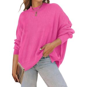 imageZESICA Womens Fall 2025 Casual Long Sleeve Crew Neck Side Slit Oversized Ribbed Knit Pullover Sweater TopsRose