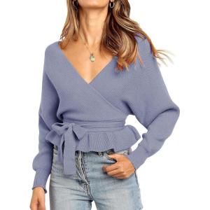 imageZESICA Womens Fall 2025 Wrap V Neck Long Batwing Sleeve Belted Waist Ruffle Knitted Sweater Pullover TopBlue