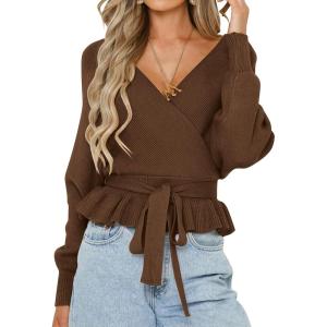 imageZESICA Womens Fall 2025 Wrap V Neck Long Batwing Sleeve Belted Waist Ruffle Knitted Sweater Pullover TopBrown