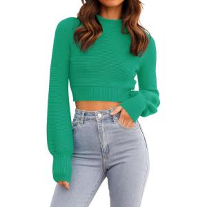 imageZESICA Womens Fall Mock Neck Cropped Sweater Long Sleeve Soft Ribbed Knit Pullover Jumper TopsGreen