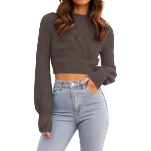 imageZESICA Womens Fall Mock Neck Cropped Sweater Long Sleeve Soft Ribbed Knit Pullover Jumper TopsNutmeg