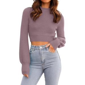 imageZESICA Womens Fall Mock Neck Cropped Sweater Long Sleeve Soft Ribbed Knit Pullover Jumper TopsPurple