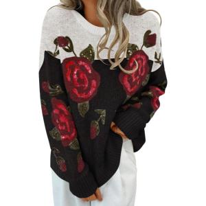 imageZESICA Womens Floral Oversized Sweaters 2025 Fall Crewneck Long Sleeve Casual Chunky Knit Pullover Sweater TopsBlack