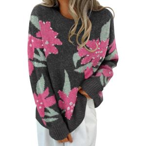 imageZESICA Womens Floral Oversized Sweaters 2025 Fall Crewneck Long Sleeve Casual Chunky Knit Pullover Sweater TopsCarbon Grey