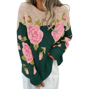 imageZESICA Womens Floral Oversized Sweaters 2025 Fall Crewneck Long Sleeve Casual Chunky Knit Pullover Sweater TopsGreen
