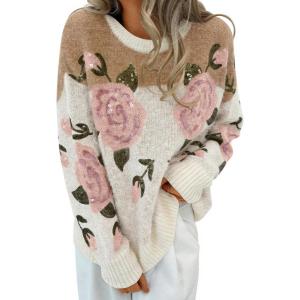 imageZESICA Womens Floral Oversized Sweaters 2025 Fall Crewneck Long Sleeve Casual Chunky Knit Pullover Sweater TopsKhaki