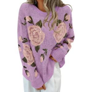 imageZESICA Womens Floral Oversized Sweaters 2025 Fall Crewneck Long Sleeve Casual Chunky Knit Pullover Sweater TopsPurple