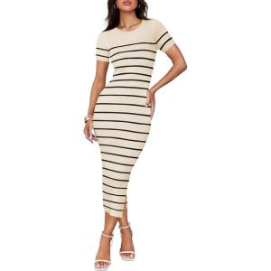 imageZESICA Womens 2025 Summer Bodycon Midi Dress Striped Short Sleeve Ribbed Knit Slim Fit Side Slit Vacation Long DressesApricot