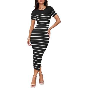 imageZESICA Womens 2025 Summer Bodycon Midi Dress Striped Short Sleeve Ribbed Knit Slim Fit Side Slit Vacation Long DressesBlack