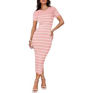 imageZESICA Womens 2025 Summer Bodycon Midi Dress Striped Short Sleeve Ribbed Knit Slim Fit Side Slit Vacation Long DressesPink