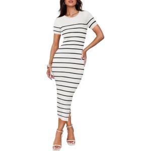 imageZESICA Womens 2025 Summer Bodycon Midi Dress Striped Short Sleeve Ribbed Knit Slim Fit Side Slit Vacation Long DressesWhite