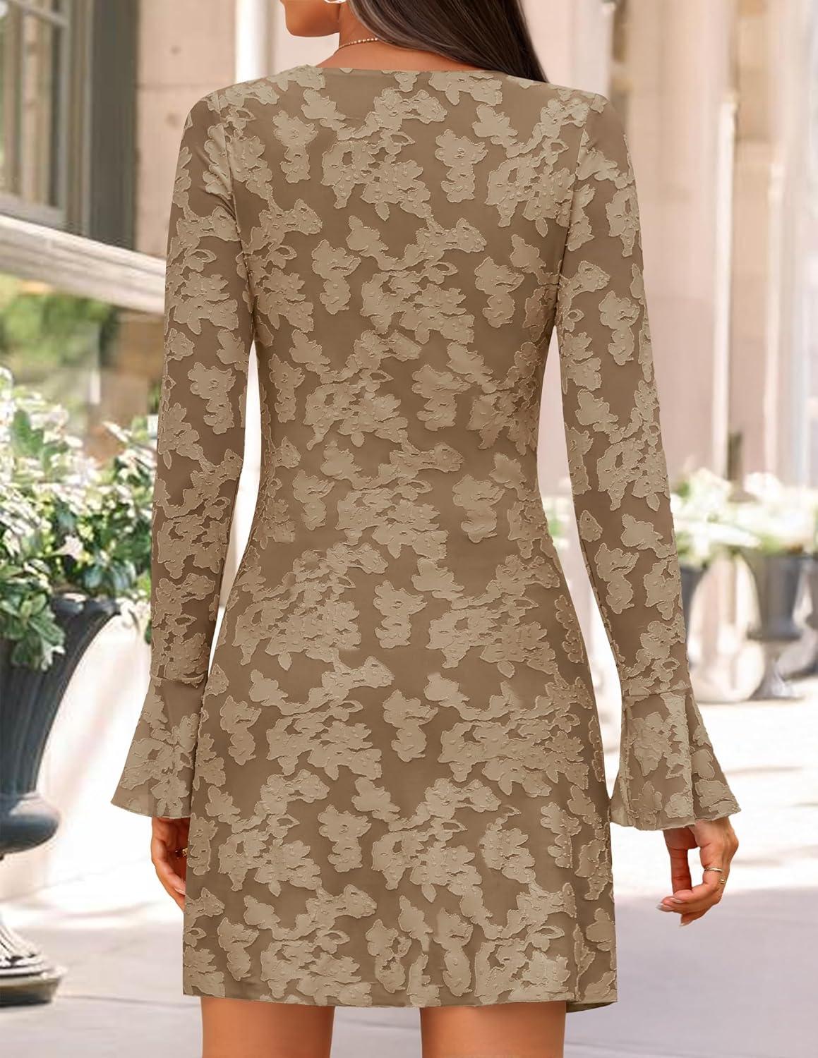 imageZESICA Fall Mini Dresses for Women 2025 Long Sleeve Floral Mesh Crewneck Bodycon Cocktail Party Club Short DressKhaki