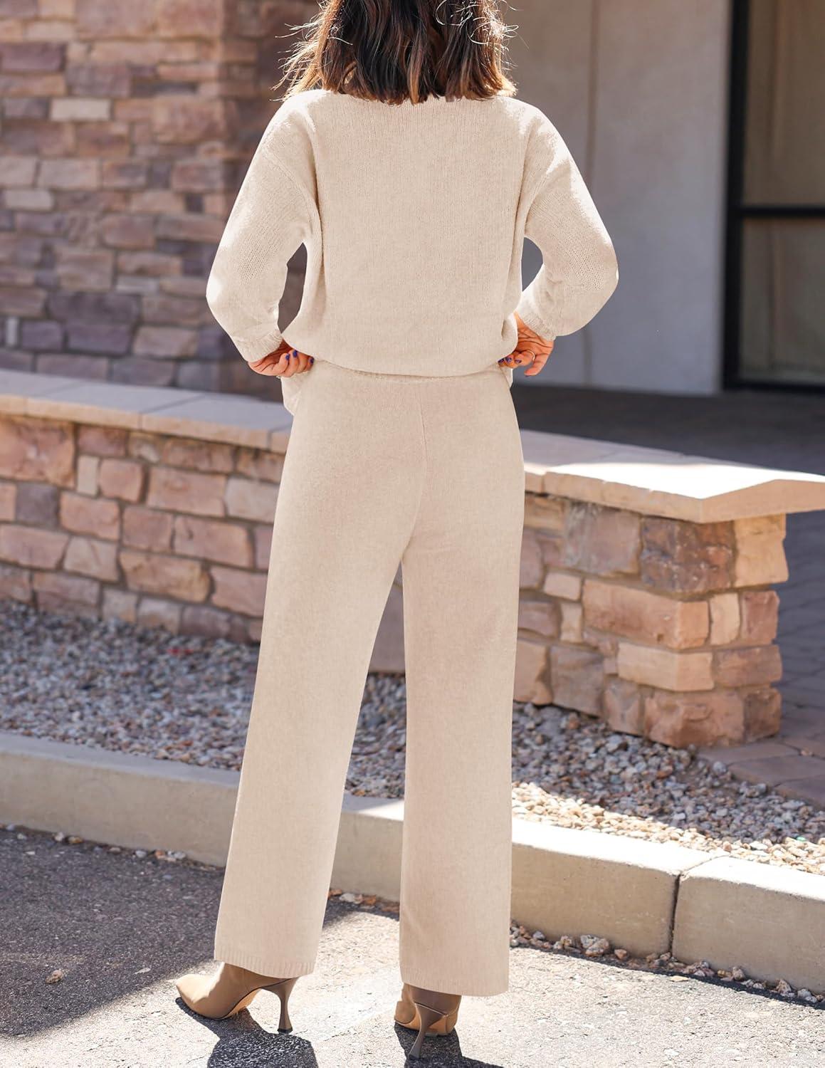 imageZESICA Womens 2 Piece Outfits Lounge Pajama Sets 2025 Fall Long Sleeve Cardigans Wide Leg Pants Matching Winter ClothesApricot