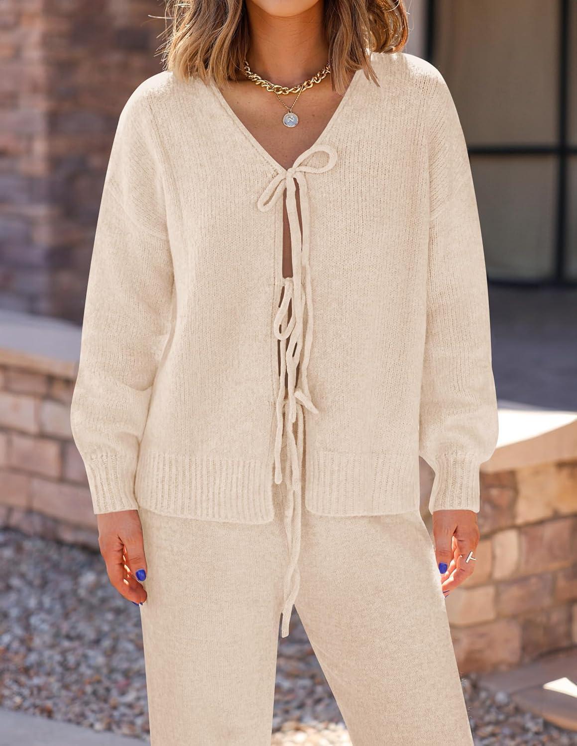 imageZESICA Womens 2 Piece Outfits Lounge Pajama Sets 2025 Fall Long Sleeve Cardigans Wide Leg Pants Matching Winter ClothesApricot