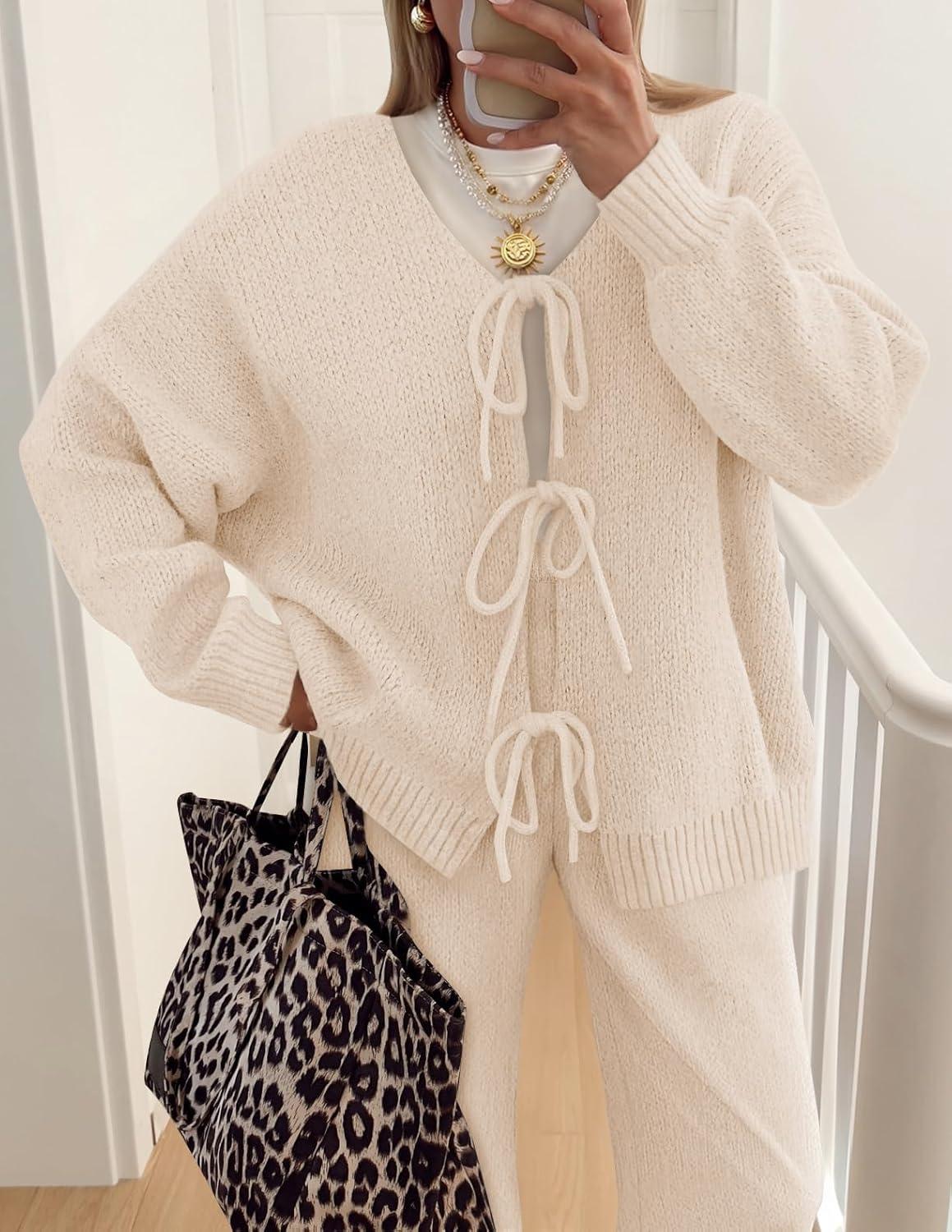 imageZESICA Womens 2 Piece Outfits Lounge Pajama Sets 2025 Fall Long Sleeve Cardigans Wide Leg Pants Matching Winter ClothesApricot