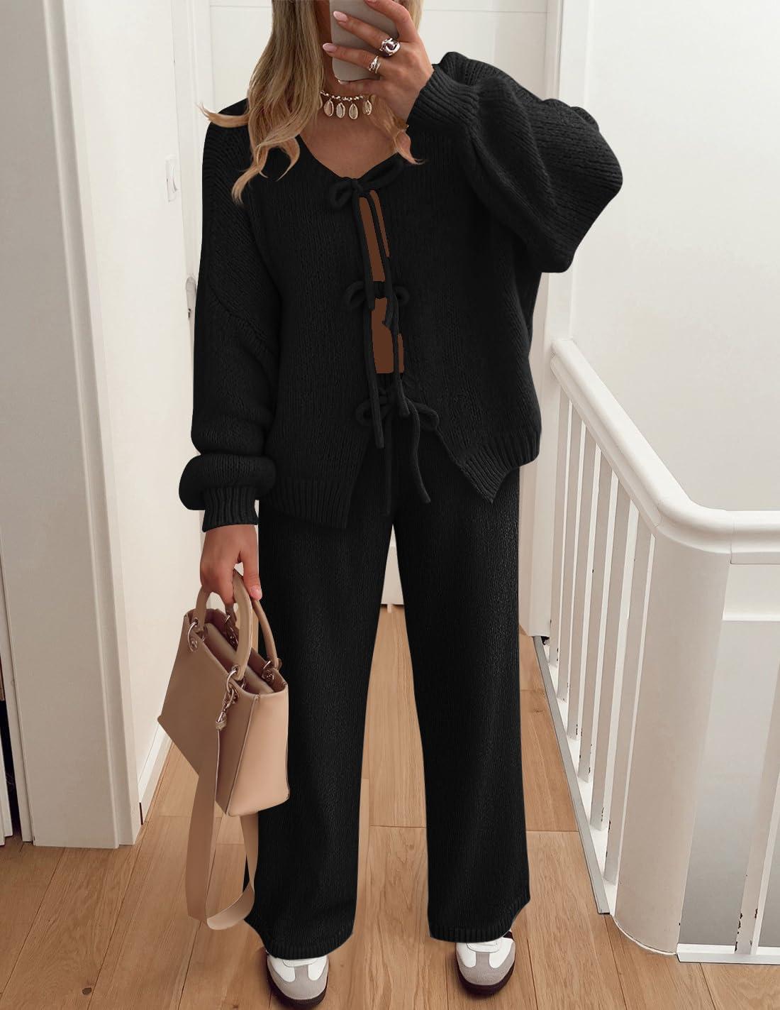 imageZESICA Womens 2 Piece Outfits Lounge Pajama Sets 2025 Fall Long Sleeve Cardigans Wide Leg Pants Matching Winter ClothesBlack