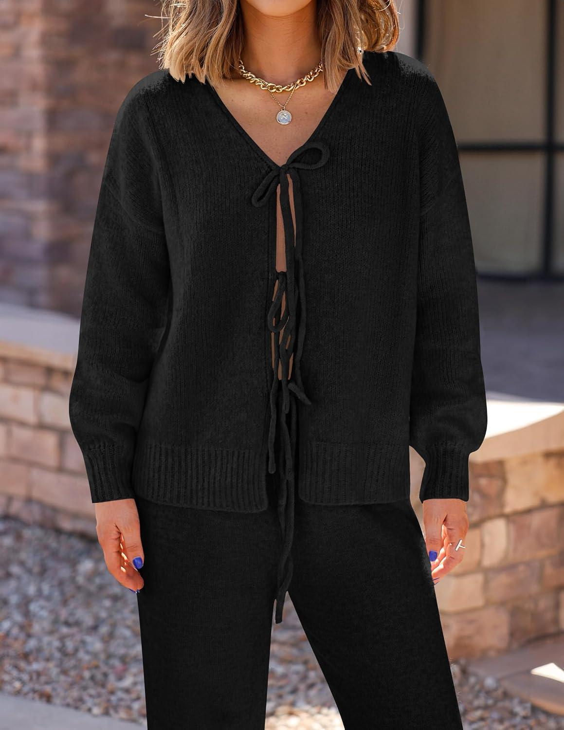 imageZESICA Womens 2 Piece Outfits Lounge Pajama Sets 2025 Fall Long Sleeve Cardigans Wide Leg Pants Matching Winter ClothesBlack