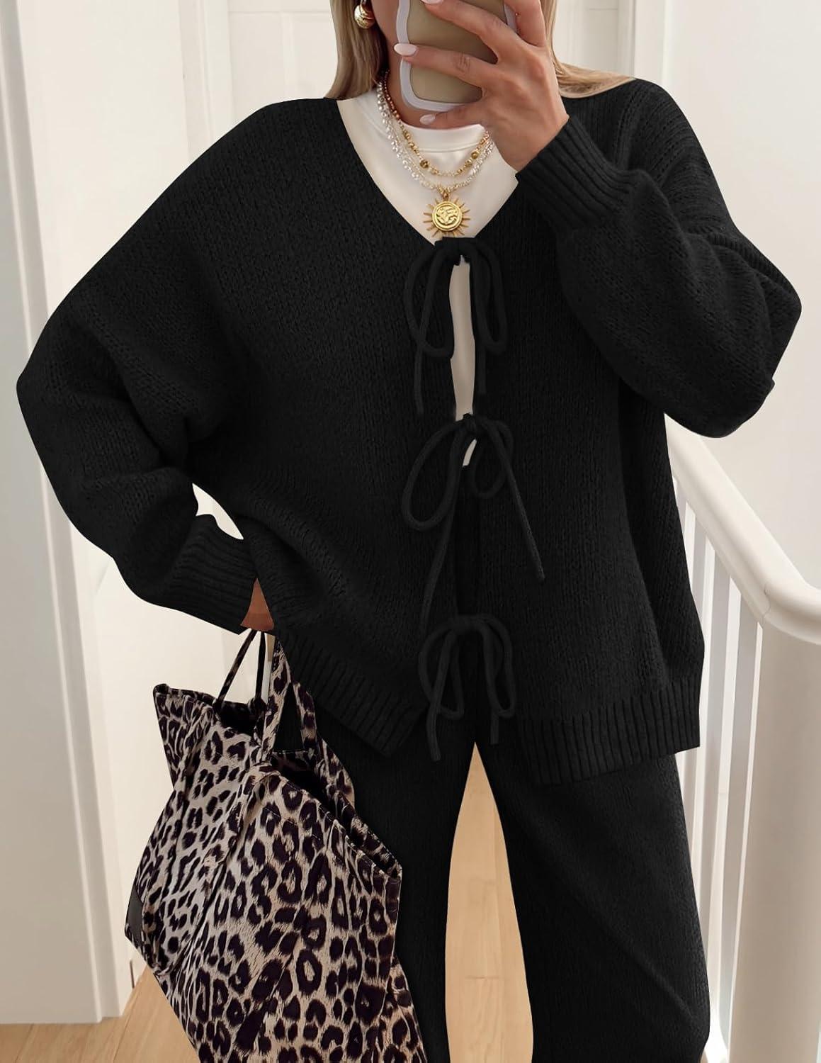 imageZESICA Womens 2 Piece Outfits Lounge Pajama Sets 2025 Fall Long Sleeve Cardigans Wide Leg Pants Matching Winter ClothesBlack