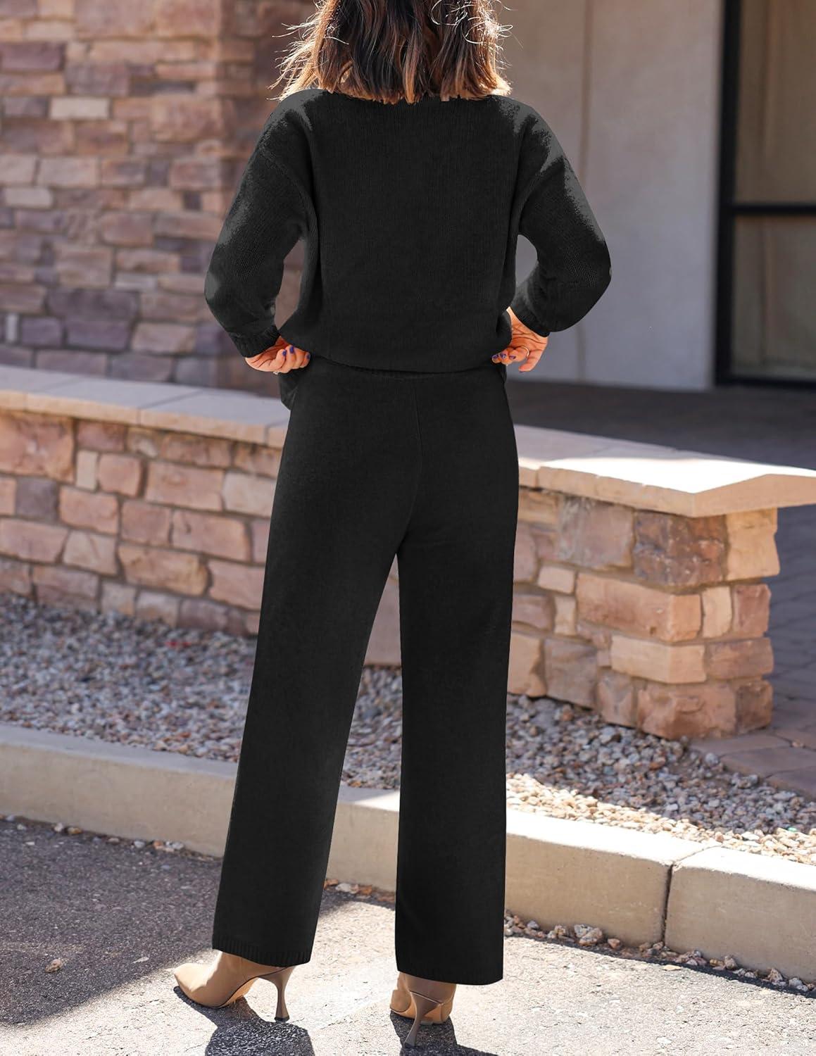 imageZESICA Womens 2 Piece Outfits Lounge Pajama Sets 2025 Fall Long Sleeve Cardigans Wide Leg Pants Matching Winter ClothesBlack