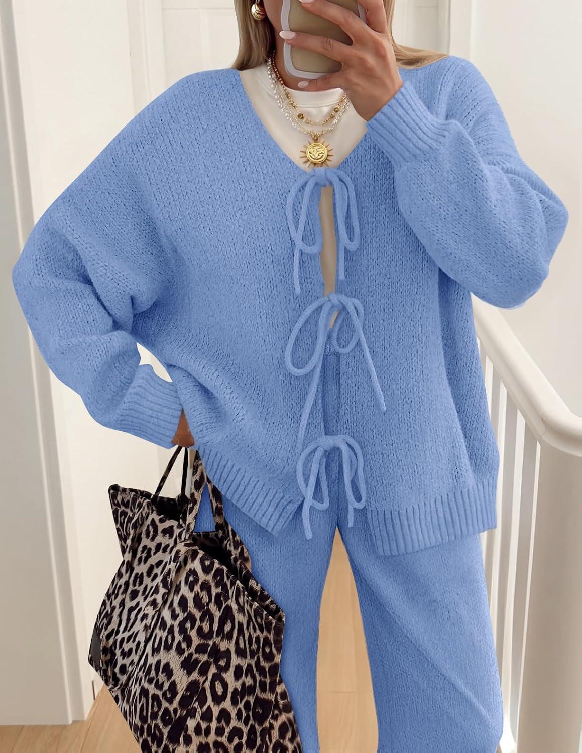 imageZESICA Womens 2 Piece Outfits Lounge Pajama Sets 2025 Fall Long Sleeve Cardigans Wide Leg Pants Matching Winter ClothesBlue