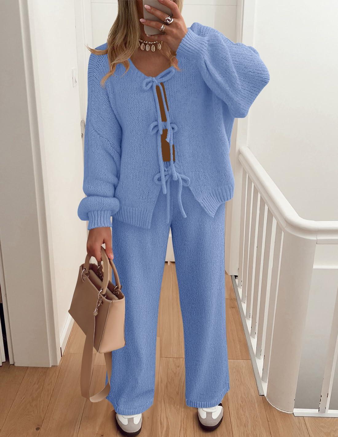 imageZESICA Womens 2 Piece Outfits Lounge Pajama Sets 2025 Fall Long Sleeve Cardigans Wide Leg Pants Matching Winter ClothesBlue