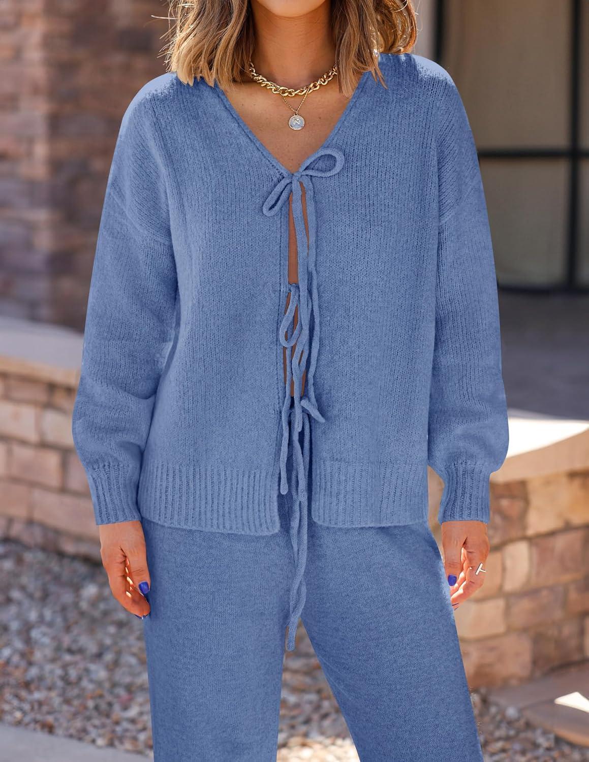 imageZESICA Womens 2 Piece Outfits Lounge Pajama Sets 2025 Fall Long Sleeve Cardigans Wide Leg Pants Matching Winter ClothesBlue