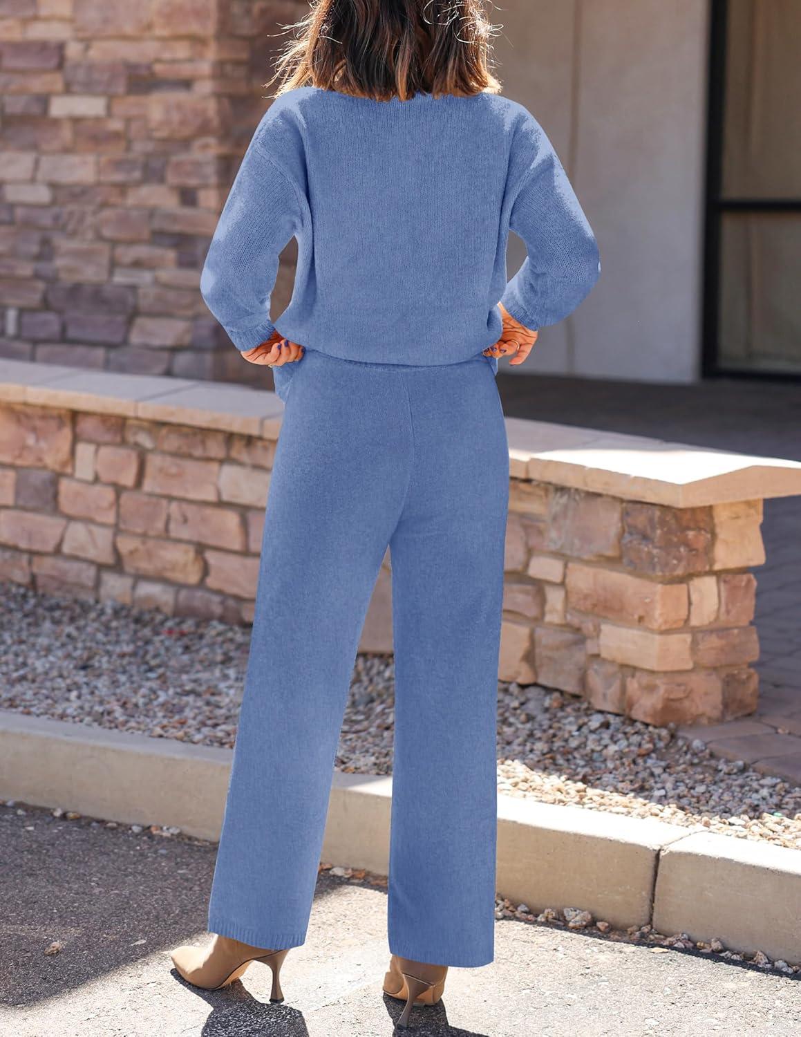 imageZESICA Womens 2 Piece Outfits Lounge Pajama Sets 2025 Fall Long Sleeve Cardigans Wide Leg Pants Matching Winter ClothesBlue