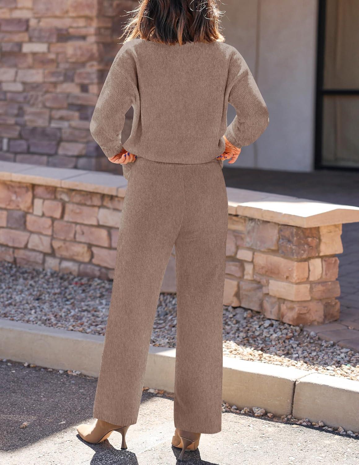 imageZESICA Womens 2 Piece Outfits Lounge Pajama Sets 2025 Fall Long Sleeve Cardigans Wide Leg Pants Matching Winter ClothesKhaki