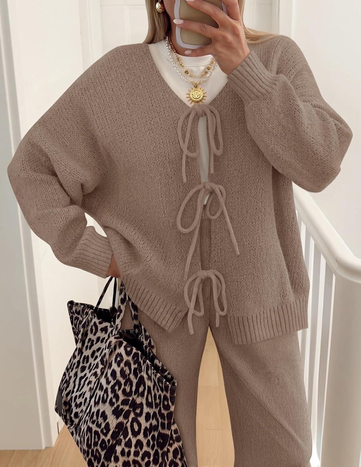 imageZESICA Womens 2 Piece Outfits Lounge Pajama Sets 2025 Fall Long Sleeve Cardigans Wide Leg Pants Matching Winter ClothesKhaki