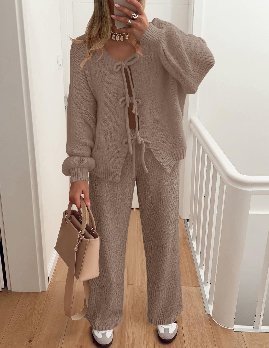 imageZESICA Womens 2 Piece Outfits Lounge Pajama Sets 2025 Fall Long Sleeve Cardigans Wide Leg Pants Matching Winter ClothesKhaki