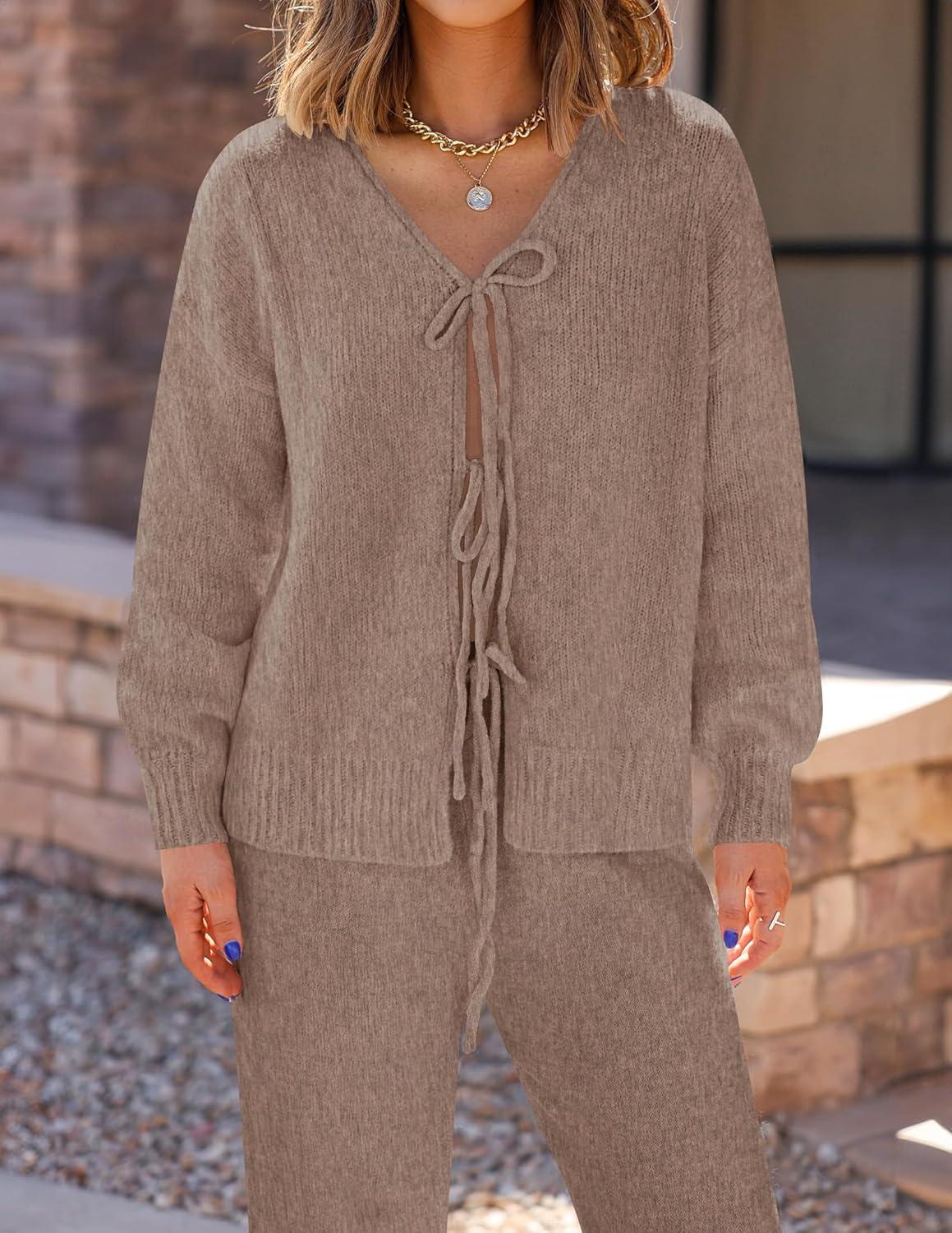 imageZESICA Womens 2 Piece Outfits Lounge Pajama Sets 2025 Fall Long Sleeve Cardigans Wide Leg Pants Matching Winter ClothesKhaki