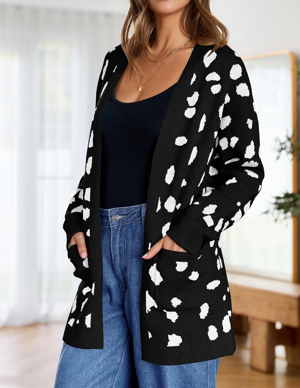 imageZESICA Womens Fall Winter Long Sleeves Open Front Leopard Print Knitted Sweater Cardigan Coat OutwearA Black