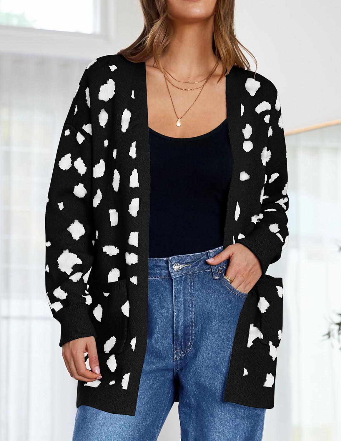 imageZESICA Womens Fall Winter Long Sleeves Open Front Leopard Print Knitted Sweater Cardigan Coat OutwearA Black