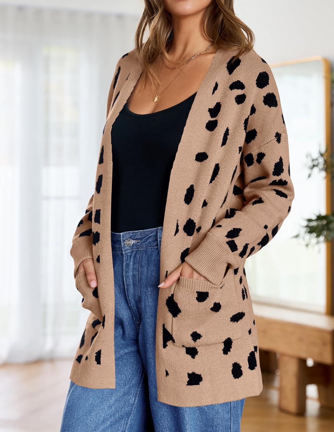 imageZESICA Womens Fall Winter Long Sleeves Open Front Leopard Print Knitted Sweater Cardigan Coat OutwearA Khaki