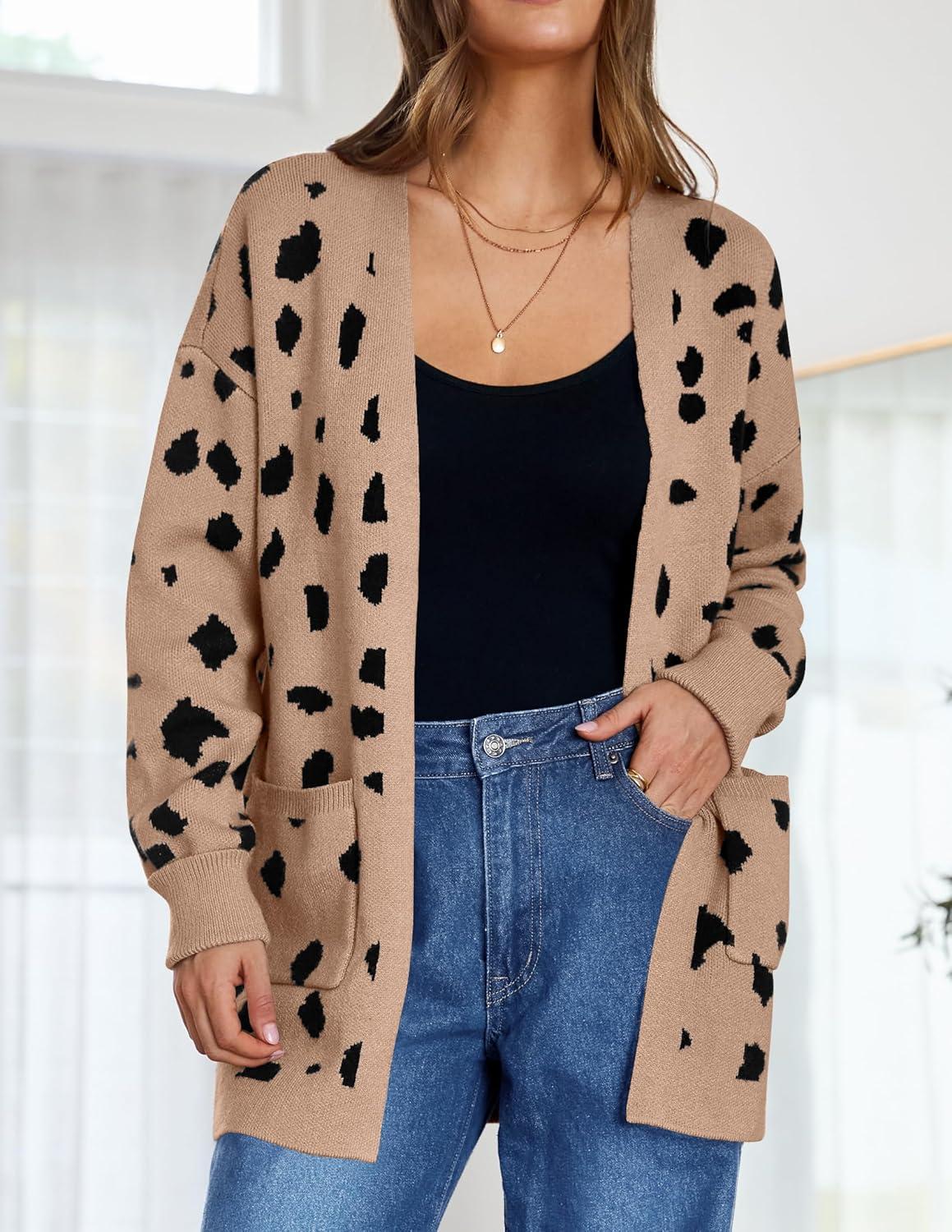 imageZESICA Womens Fall Winter Long Sleeves Open Front Leopard Print Knitted Sweater Cardigan Coat OutwearA Khaki