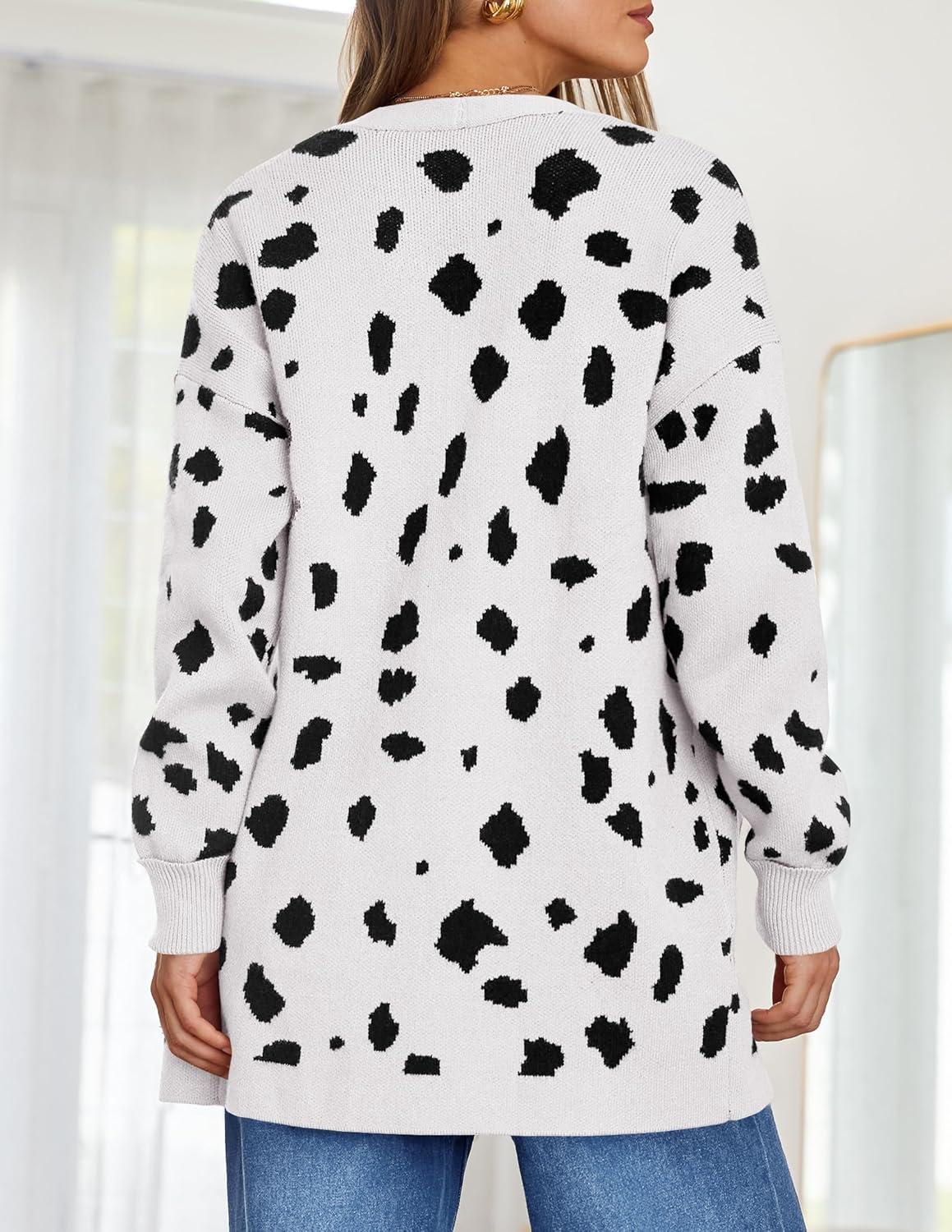 imageZESICA Womens Fall Winter Long Sleeves Open Front Leopard Print Knitted Sweater Cardigan Coat OutwearA White