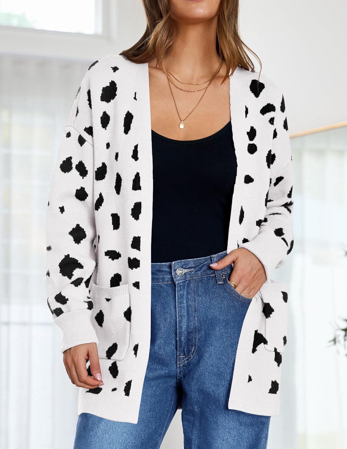 imageZESICA Womens Fall Winter Long Sleeves Open Front Leopard Print Knitted Sweater Cardigan Coat OutwearA White
