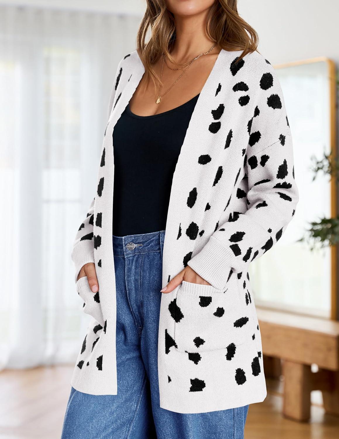 imageZESICA Womens Fall Winter Long Sleeves Open Front Leopard Print Knitted Sweater Cardigan Coat OutwearA White