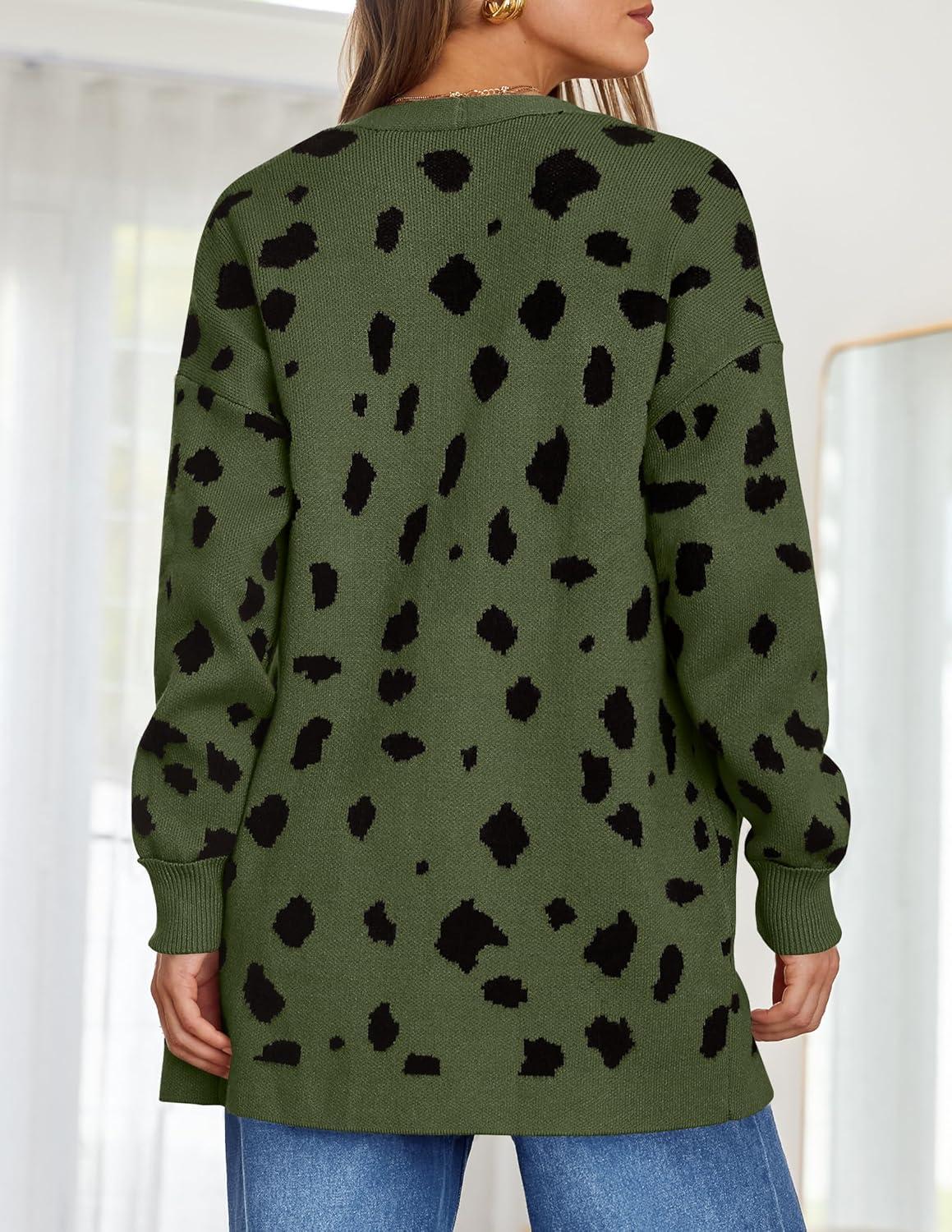 imageZESICA Womens Fall Winter Long Sleeves Open Front Leopard Print Knitted Sweater Cardigan Coat OutwearArmygreen