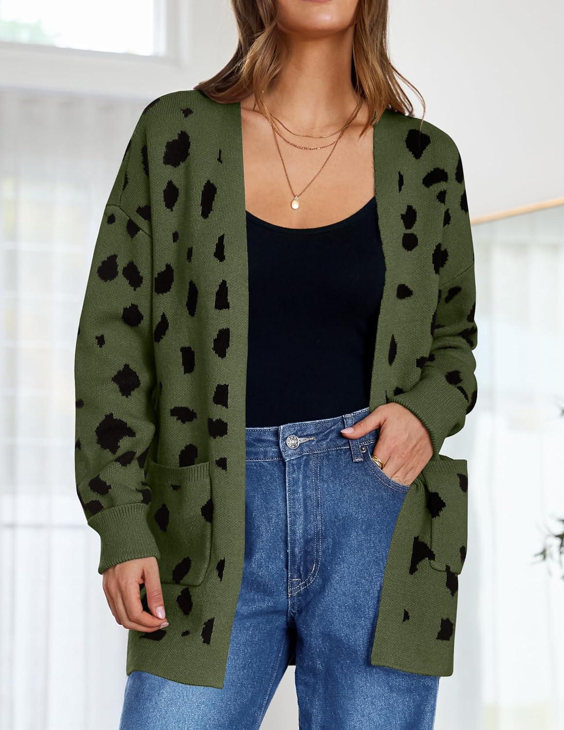 imageZESICA Womens Fall Winter Long Sleeves Open Front Leopard Print Knitted Sweater Cardigan Coat OutwearArmygreen