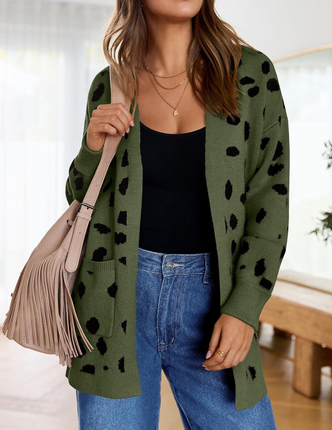 imageZESICA Womens Fall Winter Long Sleeves Open Front Leopard Print Knitted Sweater Cardigan Coat OutwearArmygreen